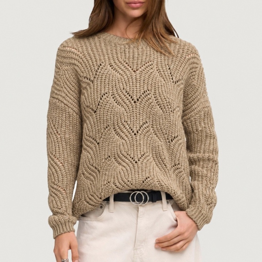 ONLY Our Story S Sweater Beige Havana Long Sleeve Pullover Pointelle Knit Tan